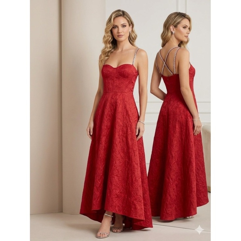 Red Jacquard High Low Formal Gown Crystal Strap Corset Bodice Evening Dress